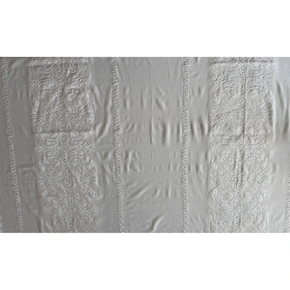 Vintage White Embroidered Tablecloth 56x74 Greek Key Floral Scrollwork Rectangle